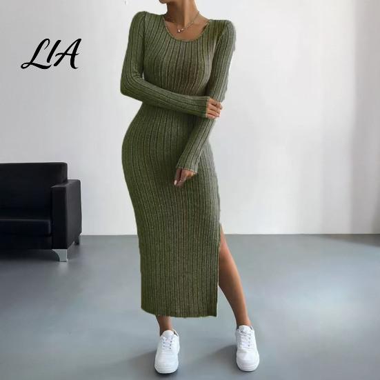 Round Neck Dress Women Knitted Dress, Long Sleeve Pullover Sweater Winter Wear Solid Color Stretchy Split Bodycon for Autumn