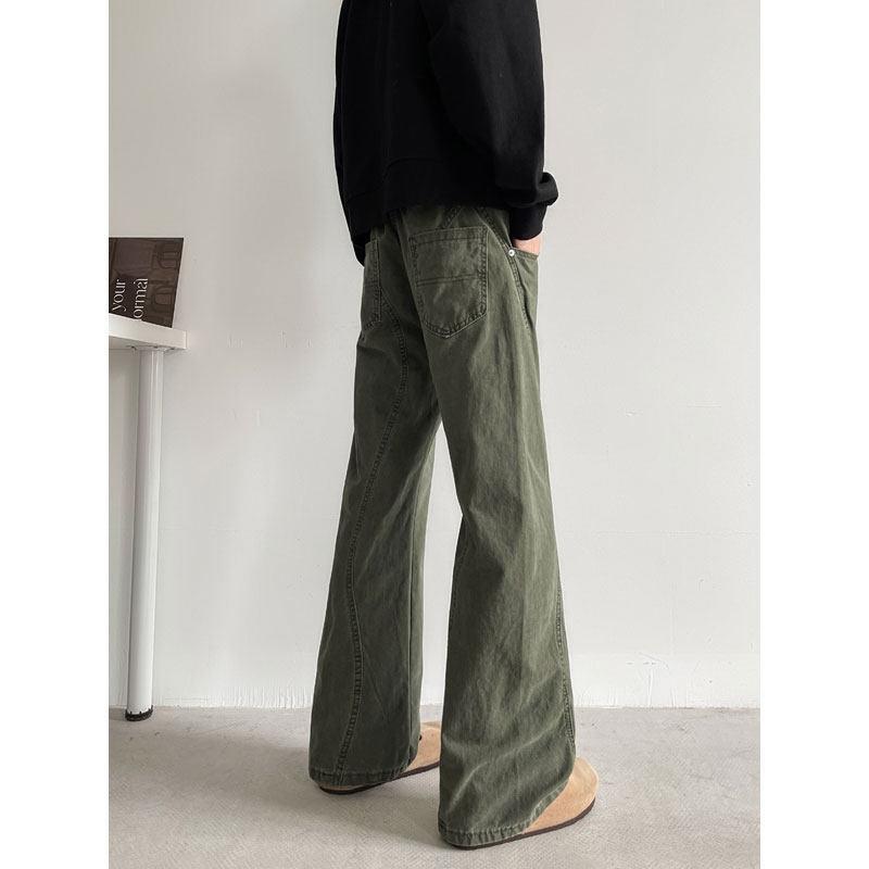 Gray Green Cut Jeans Mens High Street Vibe Slim Straight Flare Pants OOTD