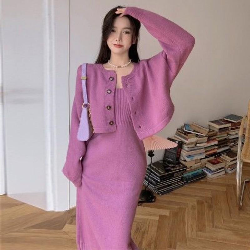 Elegant Knit Long Sleeve Top A-Line Midi Dress Set Women Slim Fit High Waist Two-Piece Outfit Pure Color Casual Chic