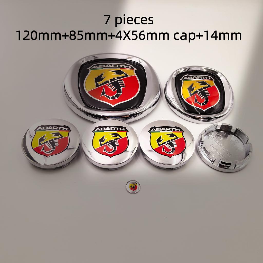 7pcs fiat Abarth Car Hood Front Bonnet Grill Rear Trunk Emblem Logo Badge 85/95/100/120mm Car Wheel Center Caps Hubcap Cover