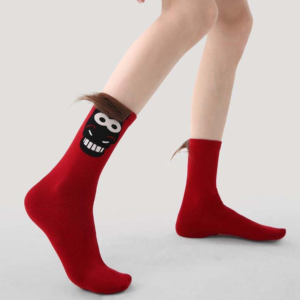 Cartoon Year of The Horse Socks Winter Autumn Red Tube Socks Cute Zodiac Year Socks  Women