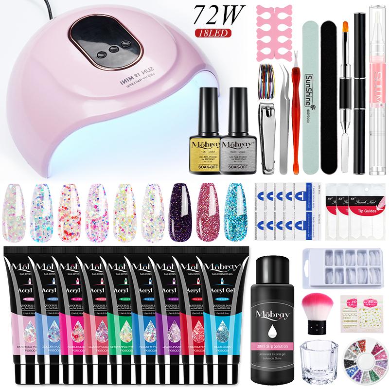 Mobray Poly Nail Gel Set Nail Extension Glitter Gel With 72/6W UV LED Lamp Nail Building Jelly Nail Gel Polish Set Manicure Tool