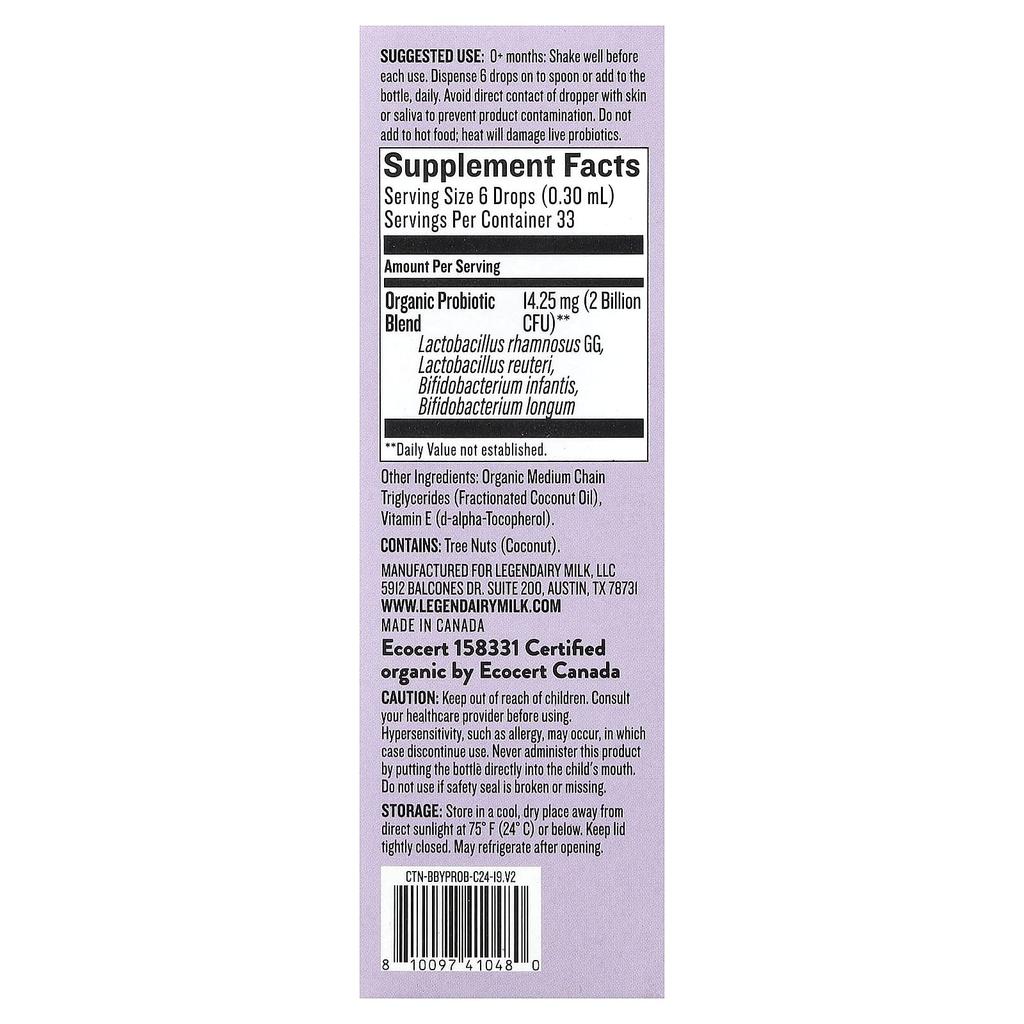 Legendairy Milk Органические пробиотические капли, 0+ месяцев, 10 мл (0,34 жидких унций)