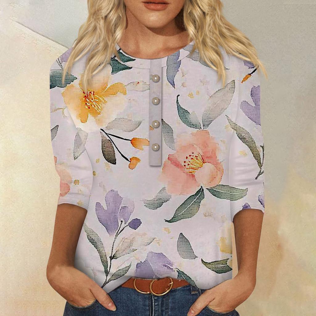 Женская мода повседневная 3/4 рукава цветочный принт пуловер круглый вырез топ повседневная одежда