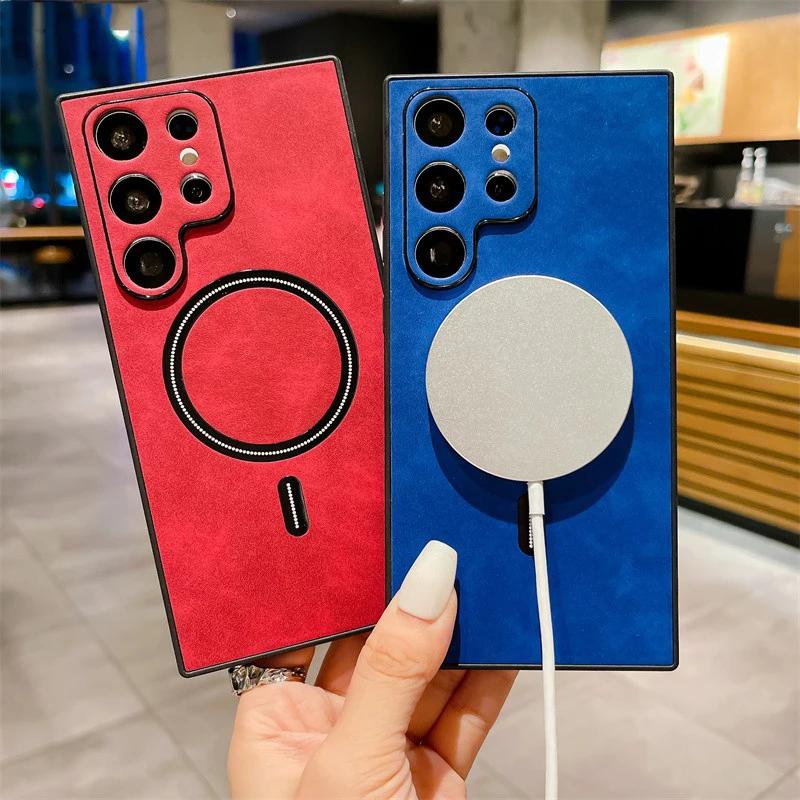 For Samsung Galaxy S24 S23 S21 S22 Ultra Plus Case Leather Wireless Charge Magnet Magsafe Soft Protect Full Camera Cover Shell