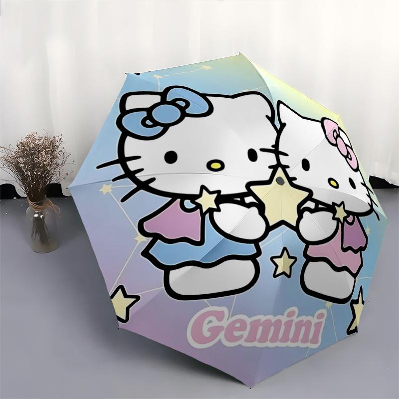 1pc Hello Kitty Gemini Zodiac Sign Automatic Folding Umbrella - Portable 3-Fold Design with Iron Frame - Outdoor for Fans, Travelers, Everyday Use - P