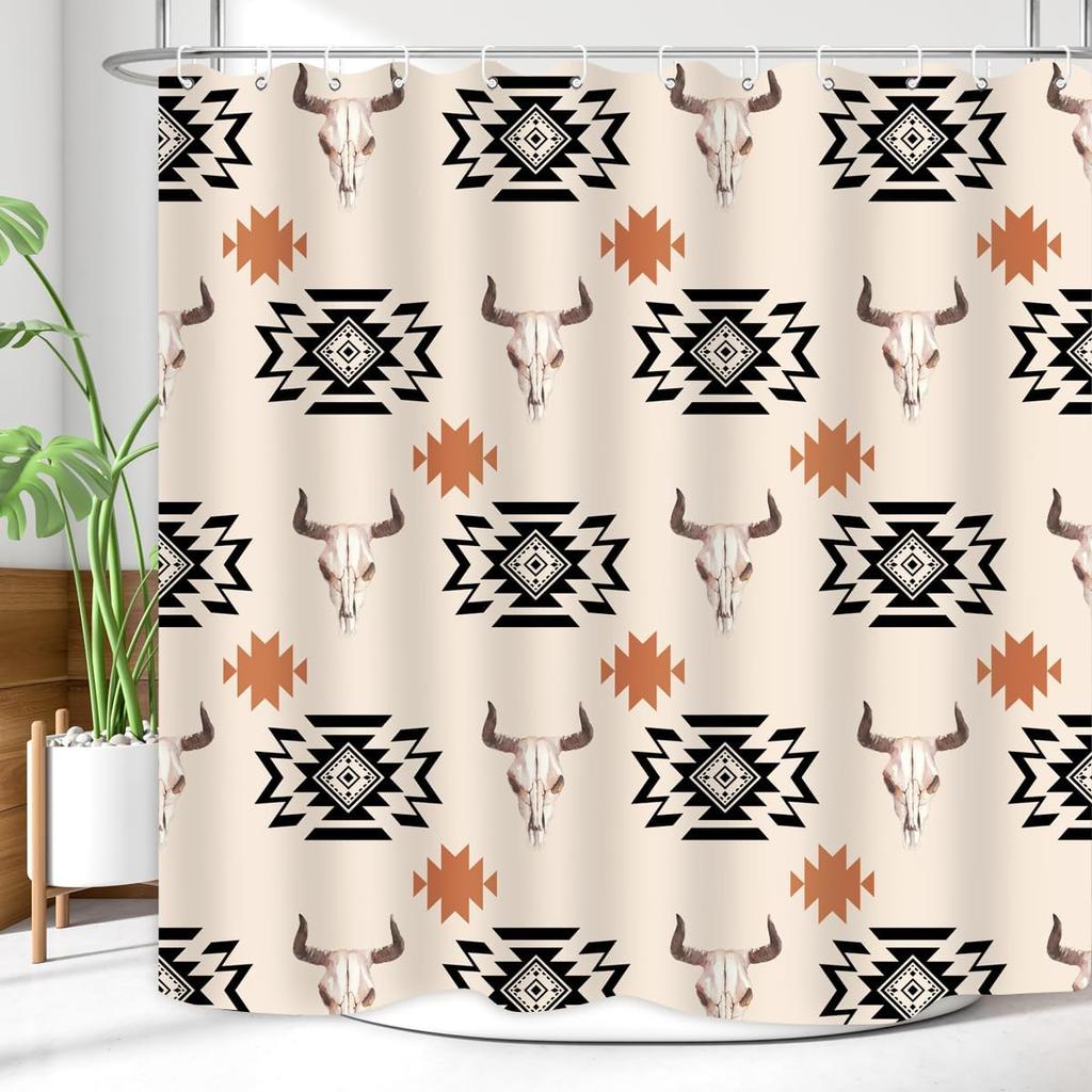 Western Aztec Shower Curtain Vintage Boho Head Geometric Rustic Native American Tribal Abstract Beige Bathroom Decor Polyester