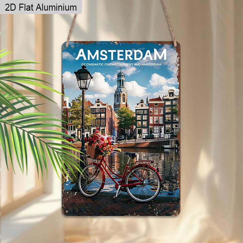 2D Flat, 1pc Vintage Amsterdam Aluminium Wall Art Sign "Cinematic Amsterdam" - 8"x12" Rustic Travel & Home Decor, Dutch Canal & Bicycle Wall Art