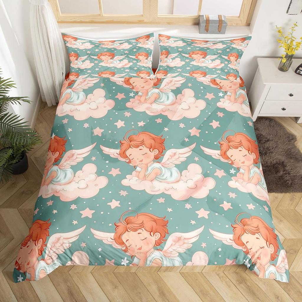 Angel Duvet Cover Set for Kids Queen Twin Size Quilt Covers Lightweight Down Room Decor 2 Pillowcases 1 Duvet Cover No Comforter