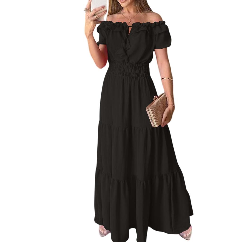 Women's Summer Casual Solid-color Tie Dress With Fringes, Strapless Cuffs And Puffed Sleeves