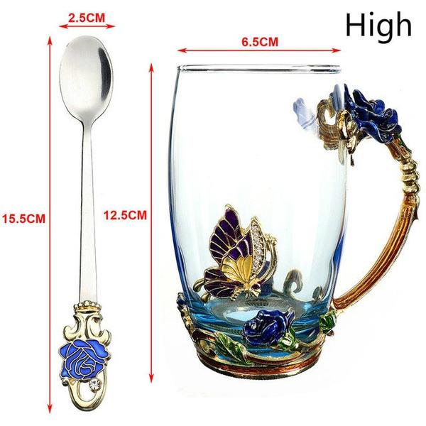 Красота и новинка, эмалированная кофейная чашка, кружка с цветком, чайные стеклянные чашки для напитков, чайная чашка, набор ложек, идеальный свадебный подарок