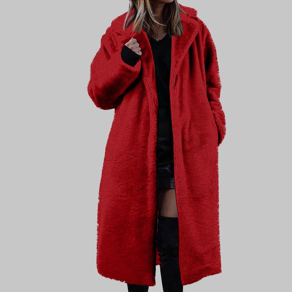 Women's Long Solid Color Fashionable Winter Loose Flip Collar Plush Jacket
