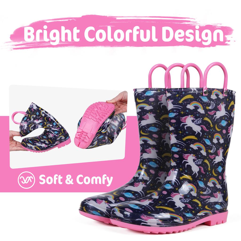 Fashion Comwarm Toddler Kids Rain Boots With Handles Cute Dinosaur Unicorn Unisex Rain Shoes For Girls And Boys Waterproof Non-slip Boot