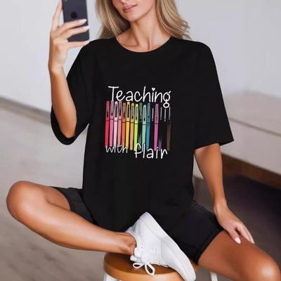 Летнее веселье Повседневные Футболки с коротким рукавом Преподавание с изюминкой Универсальные Удобные Большие Свободные С круглым вырезом Хлопковые Футболки с коротким рукавом Женские