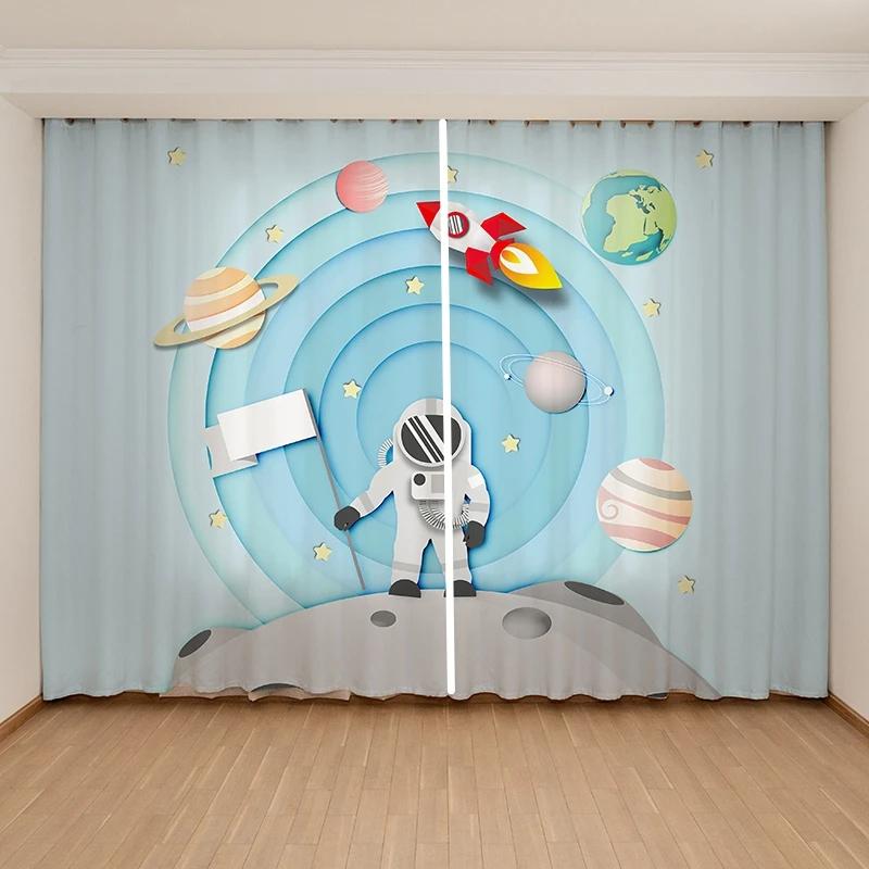 Мультяшные Милые Космические Астронавты Планеты Шторы Детская Спальня для Мальчиков Девочек Окно 2 Панели Высокое Затемнение Новый Модный Узор