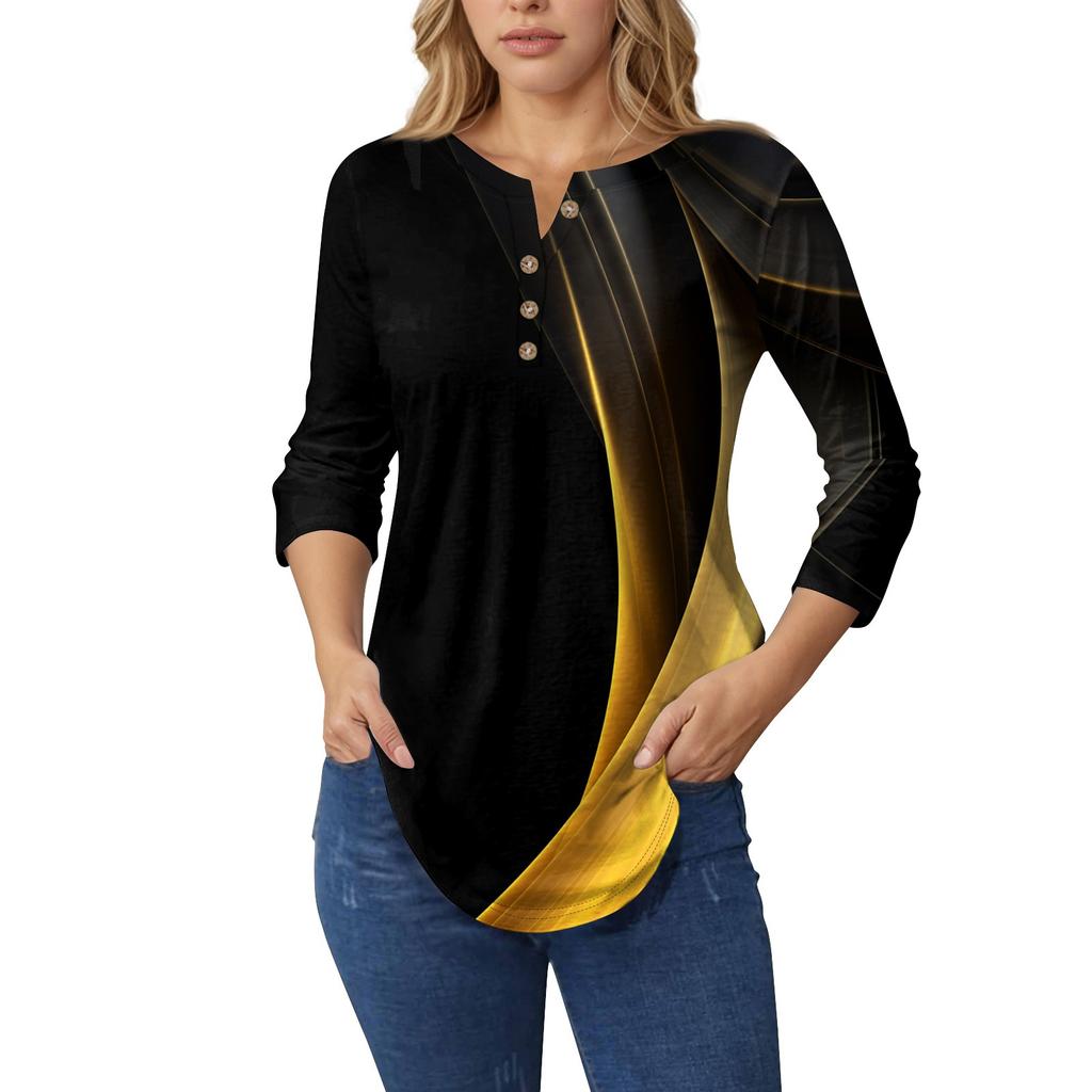 Женские топы с рукавами 3/4, летние футболки с цветочным принтом и V-образным вырезом, повседневные базовые футболки с пуговицами, туники