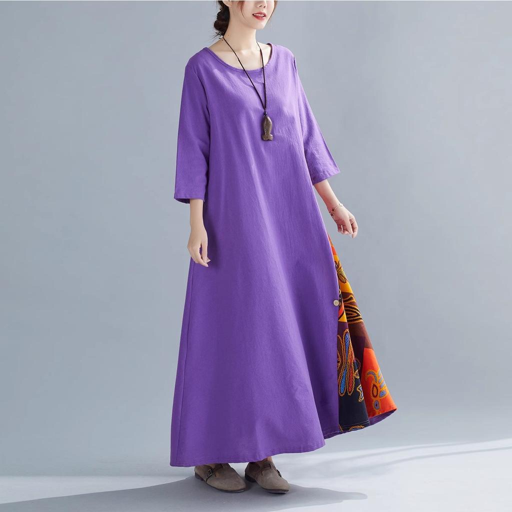 QICED Осенний винтажный цветочный круглый вырез с пуговицами и семиточечным рукавом