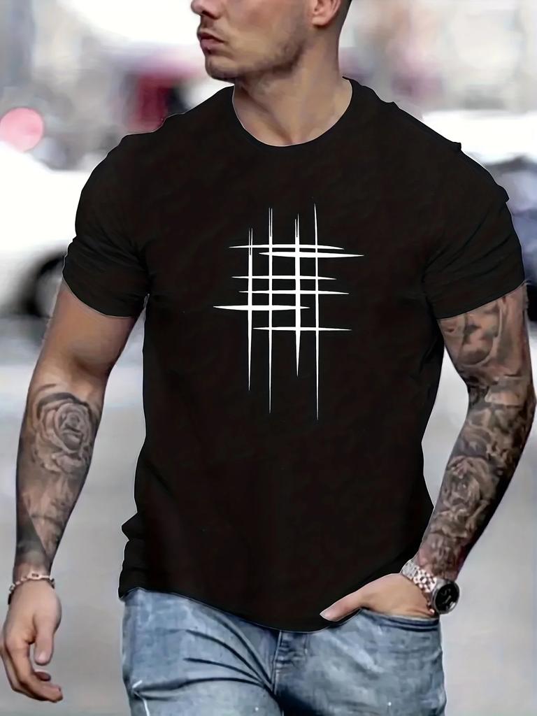 Summer Men's 100% Polyester Casual Loose Size Graphic Line Printed Neck Short-sleeved T-shirt Top