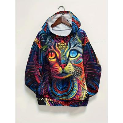 Толстовка с капюшоном и принтом кота по всей поверхности, повседневная толстовка с капюшоном и карманом-кенгуру с длинными рукавами, женская одежда