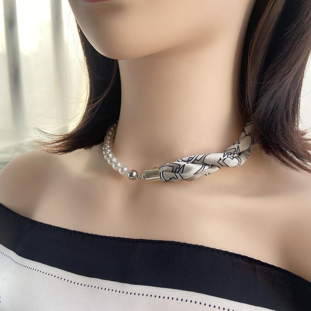 French Silk Scarf Necklace Imitation Pearl Clavicle Neck Magnetic Buckle Scarf
