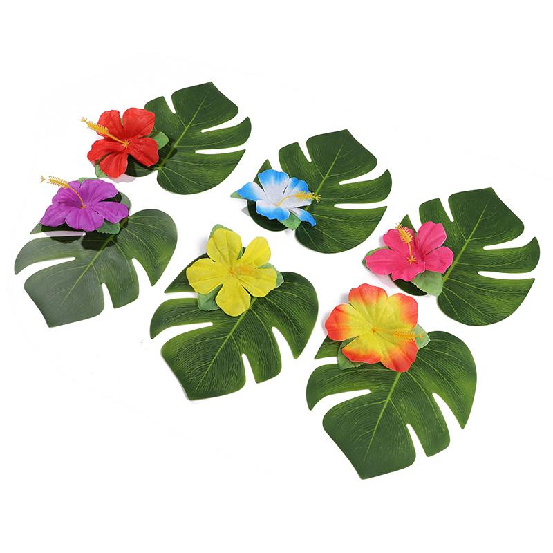 Artificial Tropical Palm Leaves Hibiscus Flowers for Hawaiian Luau Tropical Party Table Decoration Wedding Jungle Birthday Decor