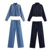 2024 Fall European & American Women’s Casual Denim Shirt and Tie-Waist Pants Set
