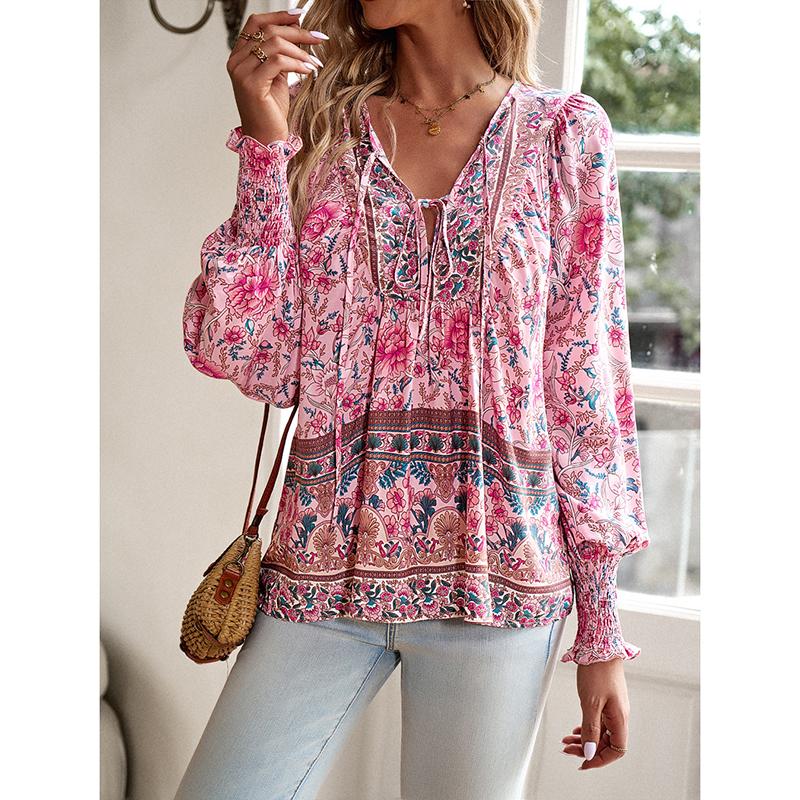 Spring Printed Long Sleeved Shirt Elegant Commuter Women V-neck Top Casual Blouse Vacation Loose Comfortable Street Wear