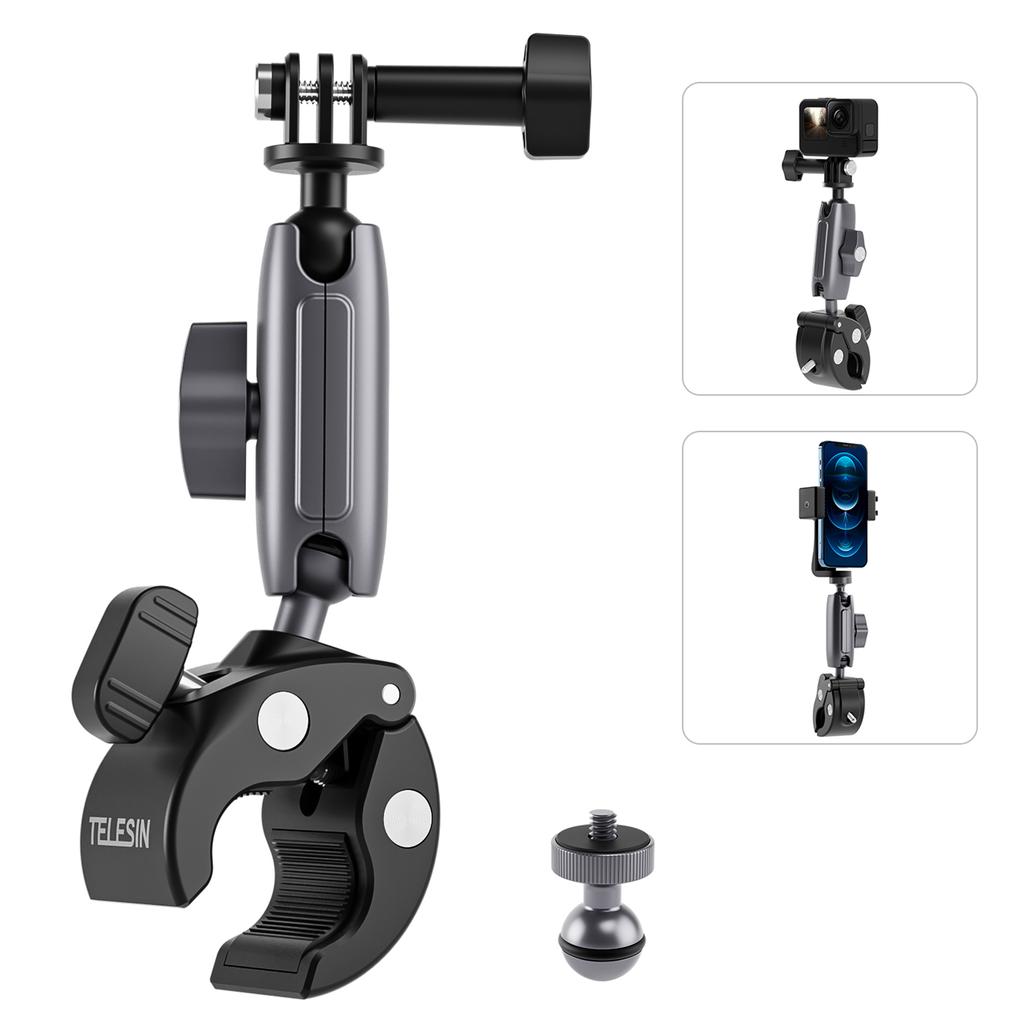 TELESIN GPHBM001 Велосипедный руль Super Clamp Mount из алюминиевого сплава, двойная вращающаяся на 360 градусов шаровая головка