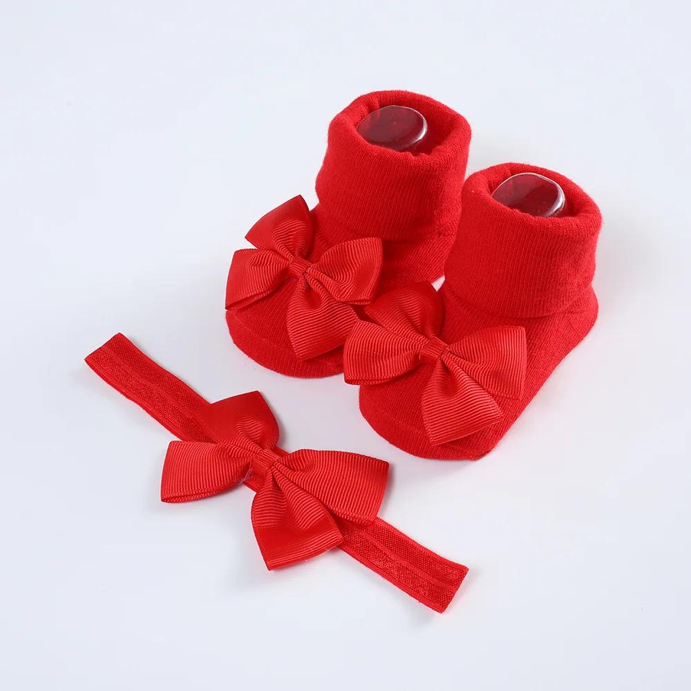 Хлопковые носки для новорожденных и набор повязок для волос, повязка на голову с бантом из ленты для маленьких девочек, дышащие носки, детские аксессуары