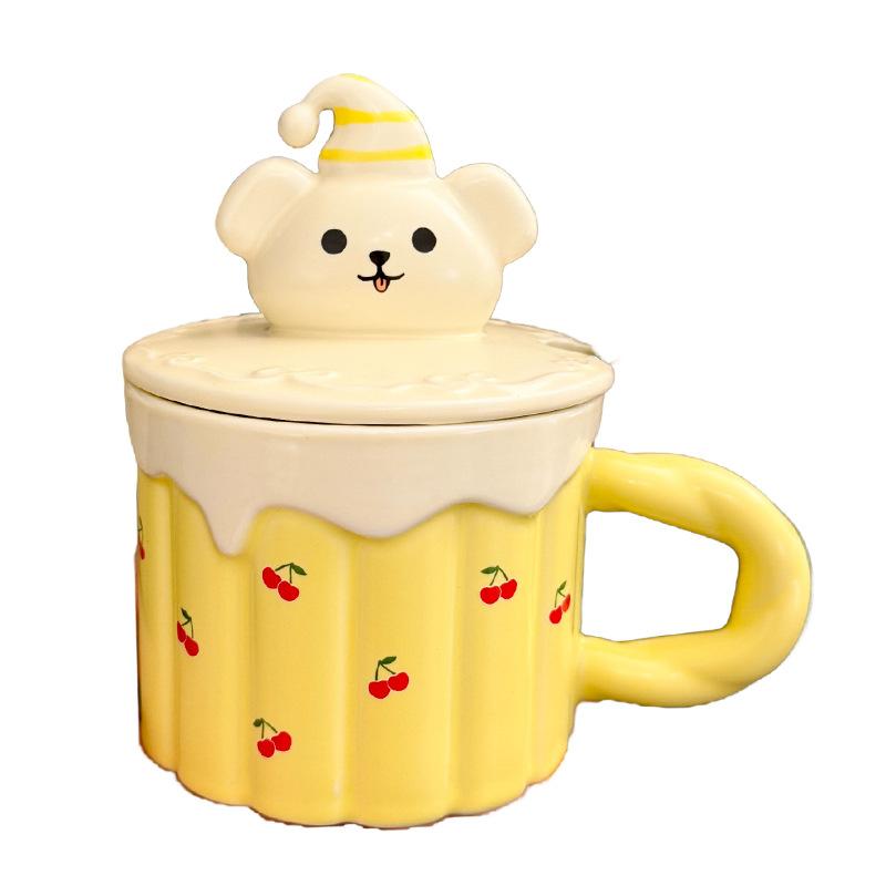 Cartoon Three Dimensional Puppy Lid Ceramic Cup with Spoon Cute Children's Household Mug Breakfast Milk Cup Souvenir