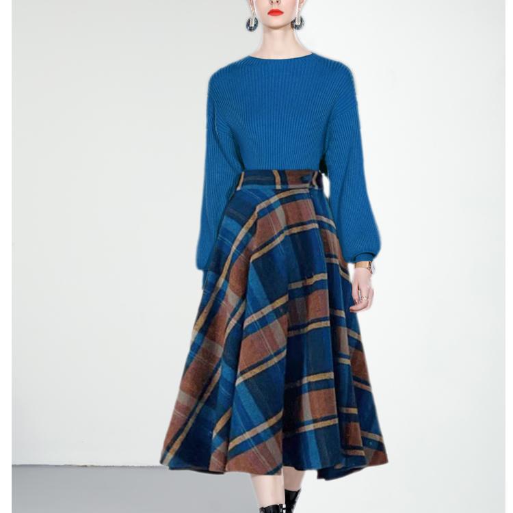 Женский осенне-зимний новый модный свитер с длинным рукавом, пуловер, топы, клетчатая шерстяная смесь, юбка, комплект из двух предметов