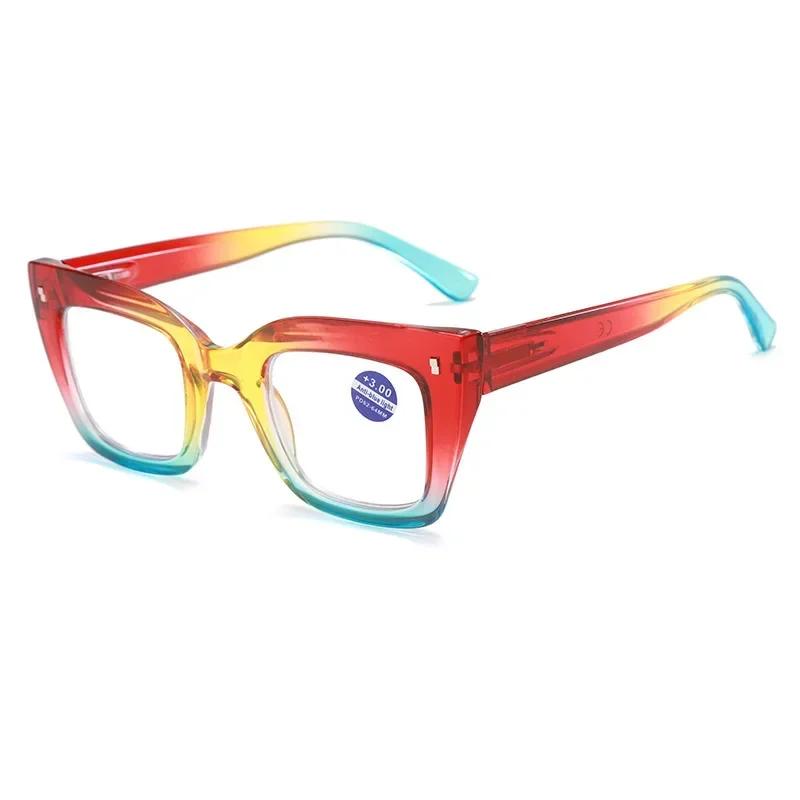 Толстые очки для чтения с большой оправой Модные очки от пресбиопии радужной расцветки для женщин Очки с прозрачными линзами, блокирующие синий свет
