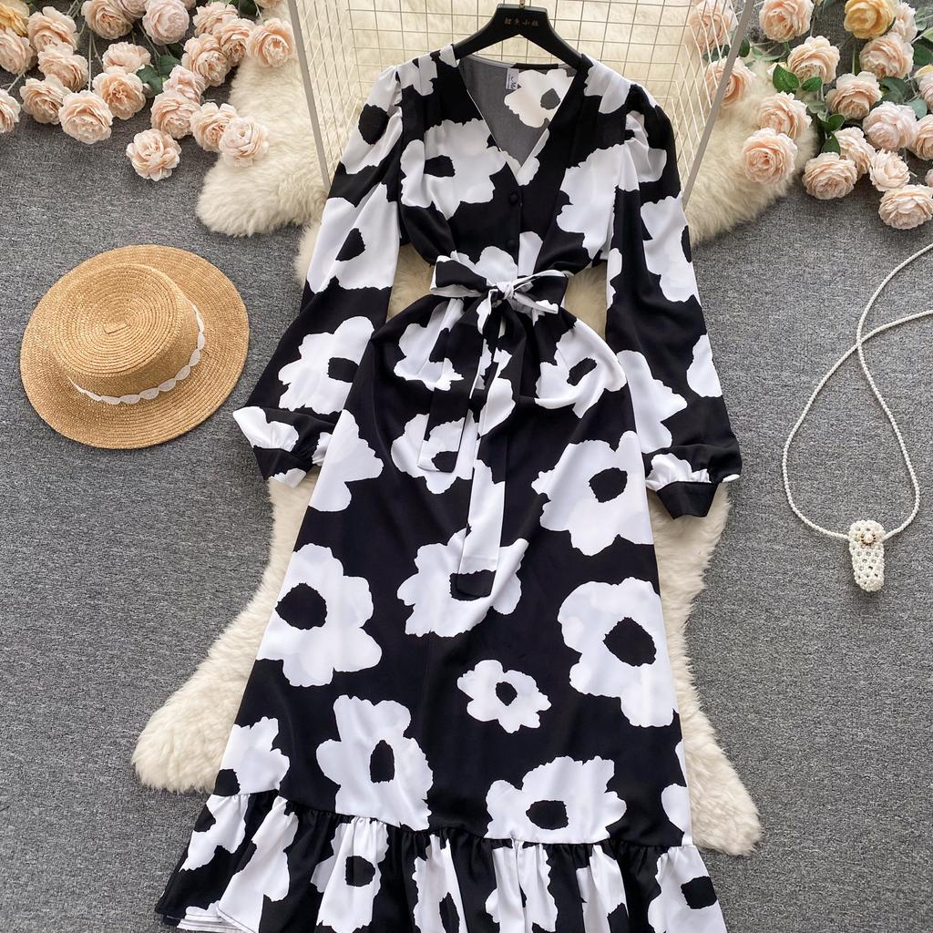 Модное женское платье с цветочным принтом, осеннее элегантное винтажное Бандажное длинное платье макси с рюшами по подолу, вечерние платья