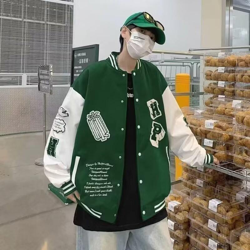 Unisex Streetwear Baseball Jacket With Color-Block Towel Embroidery Oversized Fit Fleece-Lined Collar Fall Casual