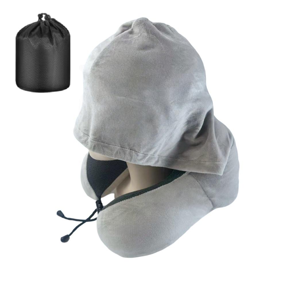 Removable Travel Neck Pillow Adjustable with Storage Bag Hooded Pillow Soft Support Washable Cover U-shaped Pillow with Cap