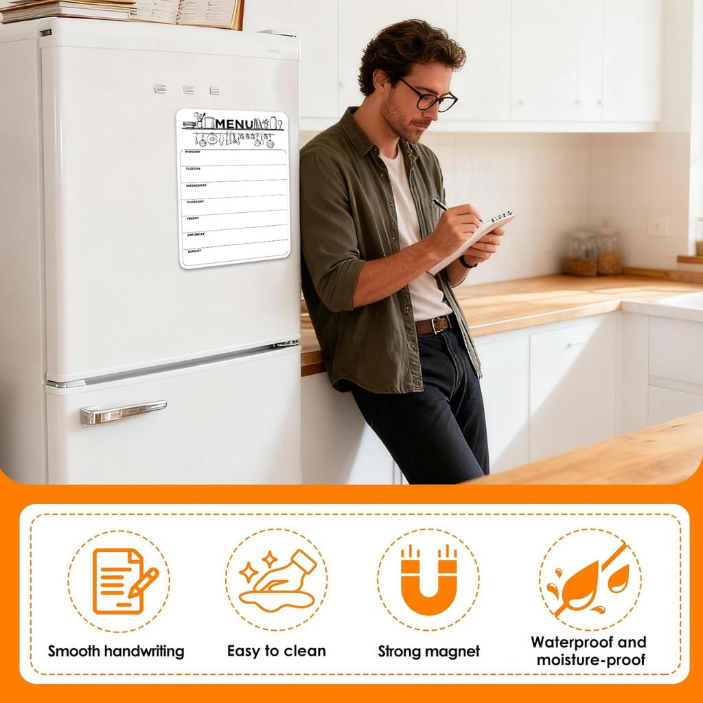 Magnetic Weekly Meal Planner for Refrigerator, 8x12'' Dry Erase Menu Board, Stain Resistant Whiteboard, Strong Magnetic Backing, Ideal for Families,