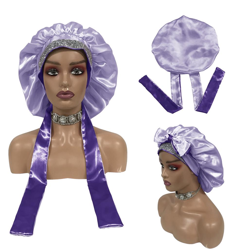 Double Layered Bling Satin Bonnets with Ties Silk Bonnets and Hair Wraps Custom logo Bonnets for Women