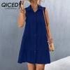 QICED Women's Lapel Patchwork Sleeveless Solid Color Dress