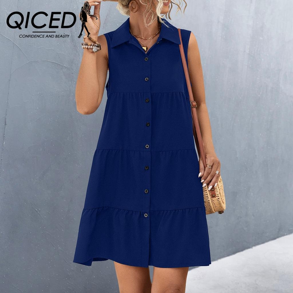 QICED Women's Lapel Patchwork Sleeveless Solid Color Dress