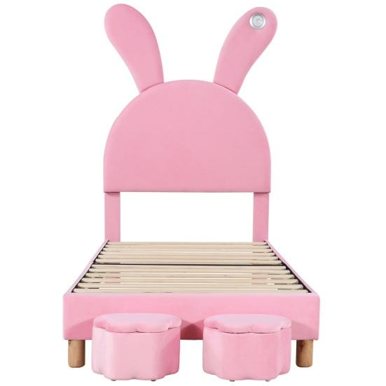 Upholstered Bed 90x200, with Two Storage Stools, LED Bedside Light, Fold-Out Bunny Ears, No Mattress, Youth Bed, Slatted Frame, Height-Adjustable