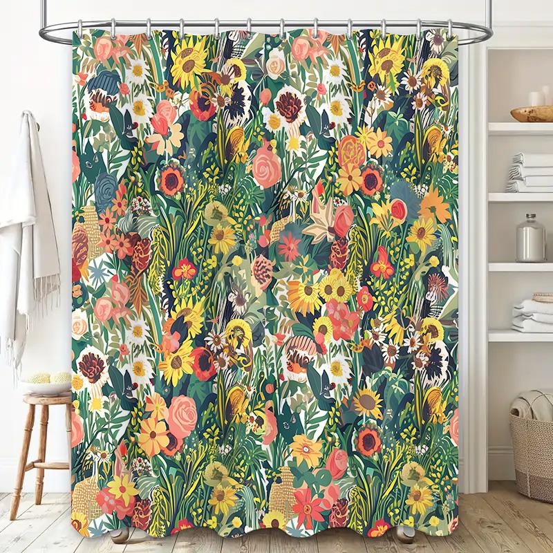 Spring Floral Shower Curtain Decorative Bath Rug Cover with Flowers for Bathroom Green Yellow Red White Colorful Shabby Chic Des