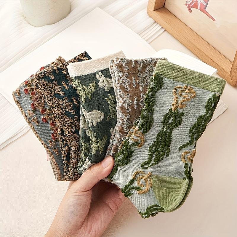 5 пар носков с цветочным принтом, удобные и симпатичные носки средней длины, женские чулки и чулочно-носочные изделия