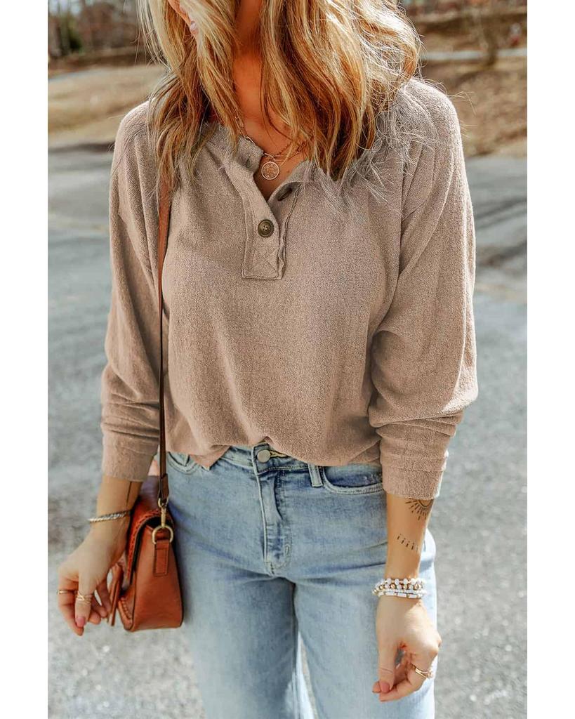 Azura Exchange Apricot Button Split Neck Retro Patchwork Long Sleeve Top