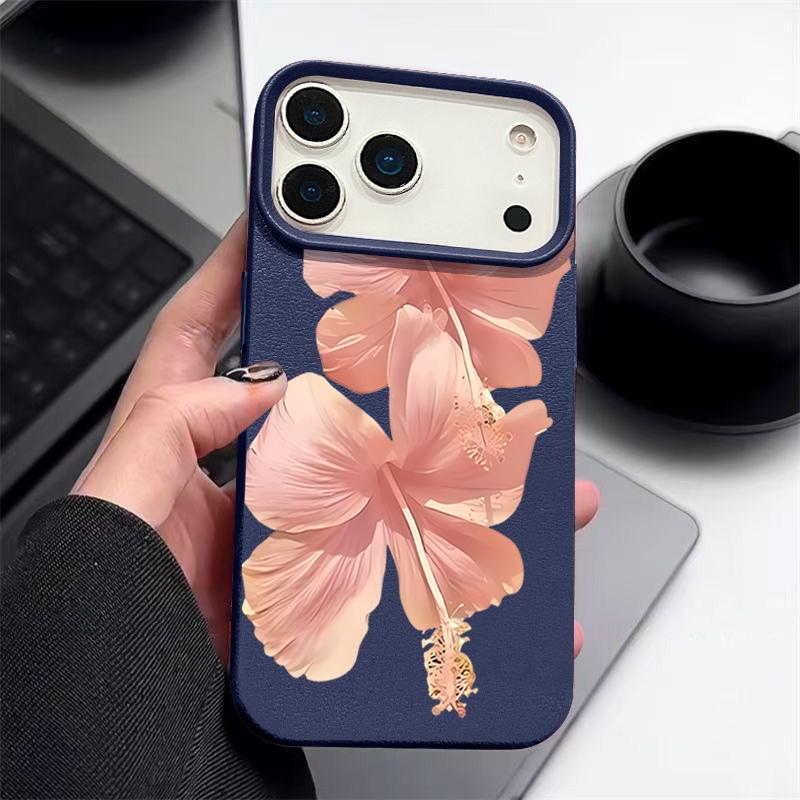 Чехол для iPhone 17 Pro Max Розовый узор цветка гибискуса Кожаная текстура Силиконовая накладка для iPhone 16 Pro Max 15 14 13 12 11 Air 16E