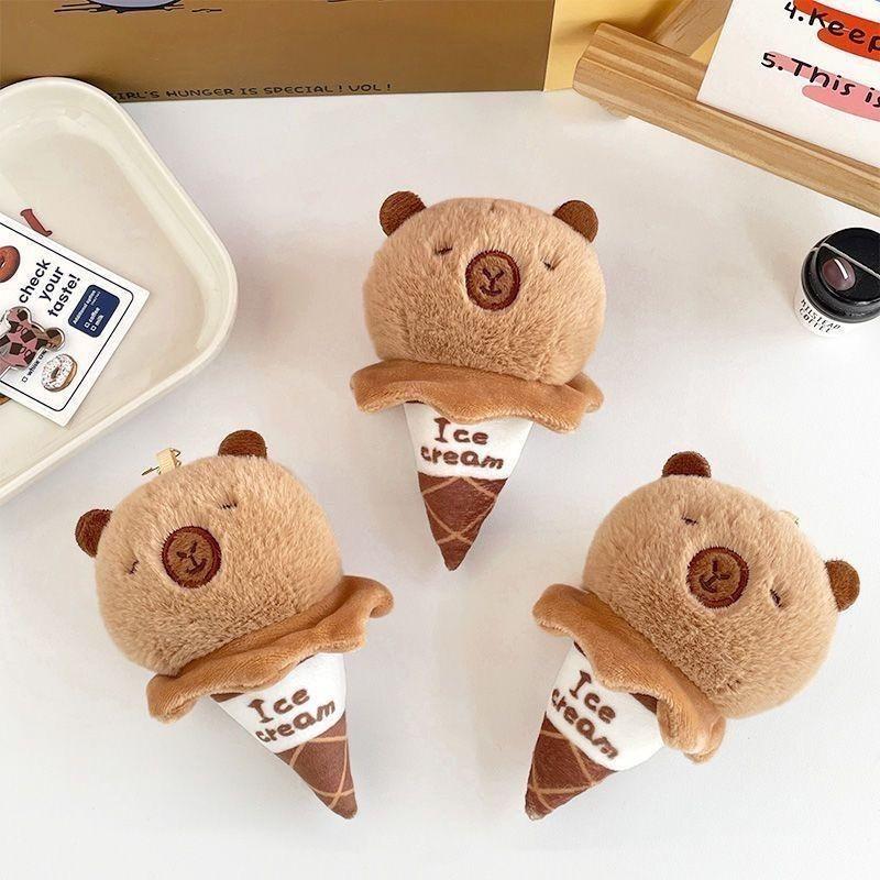Capybara Plush Keychain Ice Cream Cone Cartoon Soft Creative Bag Pendant Desk Decor Doll Gift Stuffed Animal Accessories