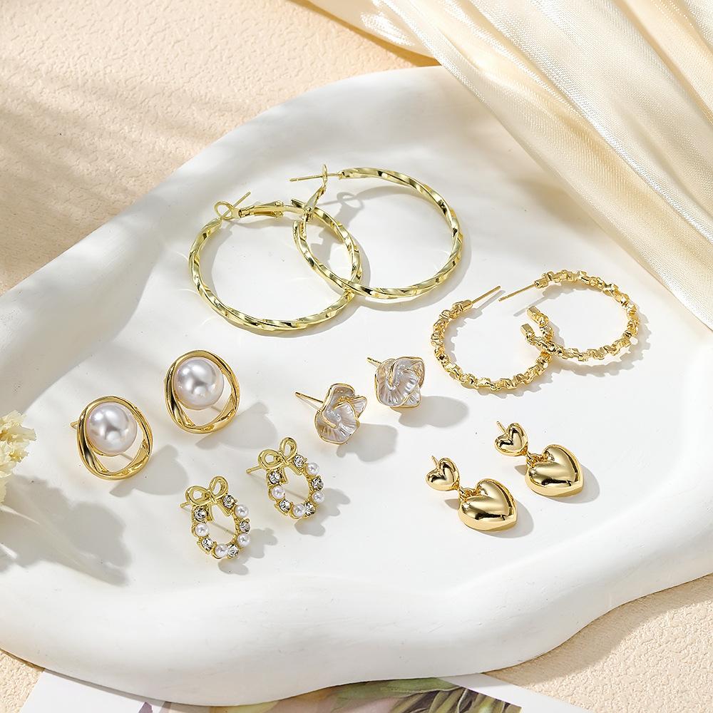 Geometric faux pearl earring set Flower heart fashion exquisite earrings earrings set