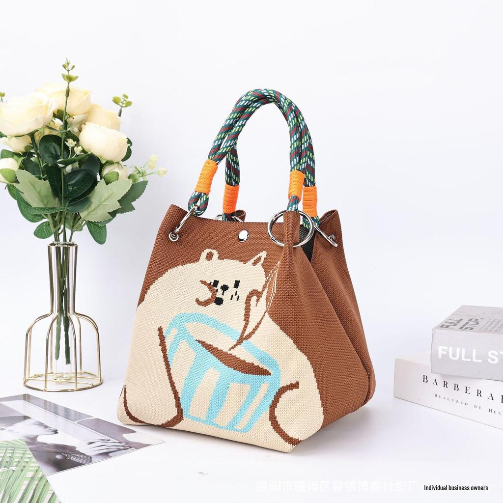 Korean-Style Cute Handbag with Magnetic Buckle, Large Capacity, Casual Woven Knit Bucket Bag for Work and Commute