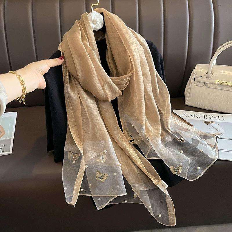 Женская мода Бабочка Вышитый шарф Однотонный Шелковый Льняной Платок Шарфы Летние Женские Банданы Платки Хиджаб