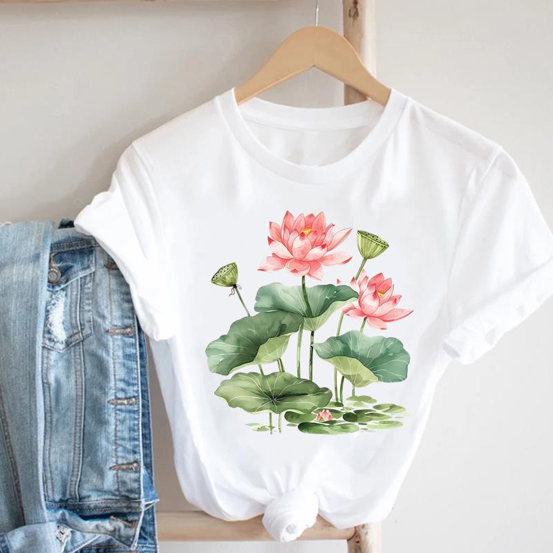 (Asian Size) Short Sleeve T Shirt Watercolor Flower Style 90s Fashion Women Casual Tee Top Clothing Print Ladies Female Graphic T-shirts