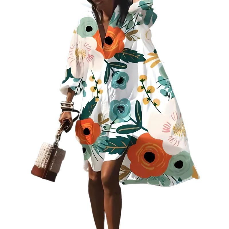 Весенне-летняя мода женское свободное повседневное платье-рубашка с длинным рукавом элегантное женское повседневное белое однобортное платье с принтом и лацканами